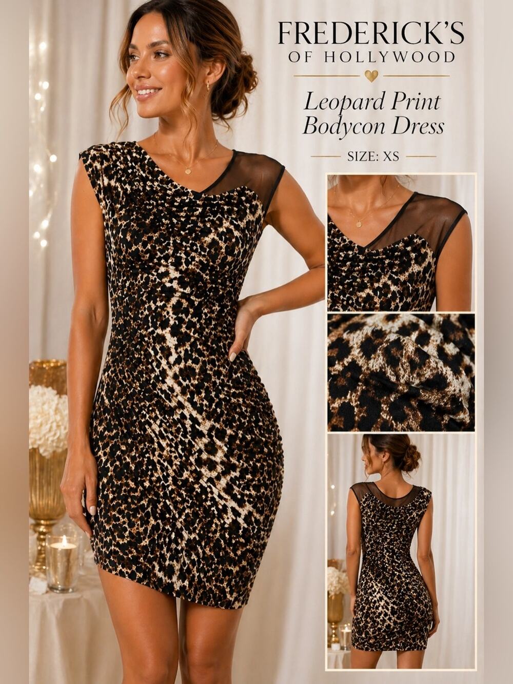 Frederick’s of Hollywood Leopard Print Ruched Bodycon Dress Size XS